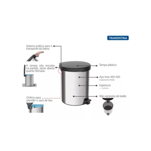 Lixeira Inox New Com Pedal 12L - Tramontina - Image 6