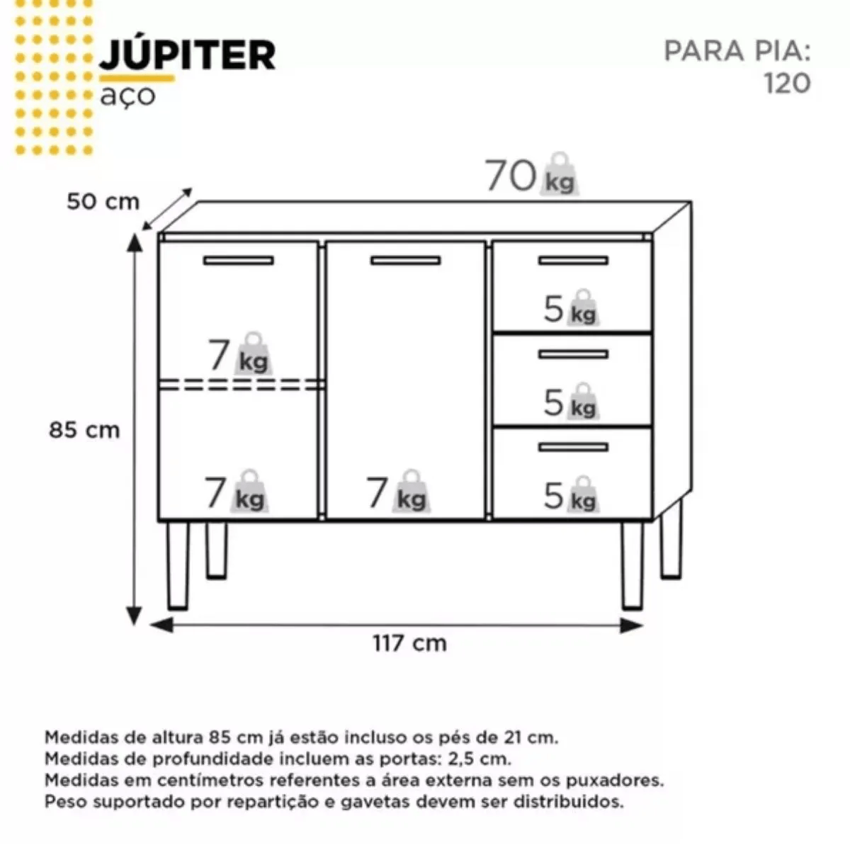 Gabinete Cozinha Jupiter 1.20mts Aço Branco - Cozimax - Imagem 7