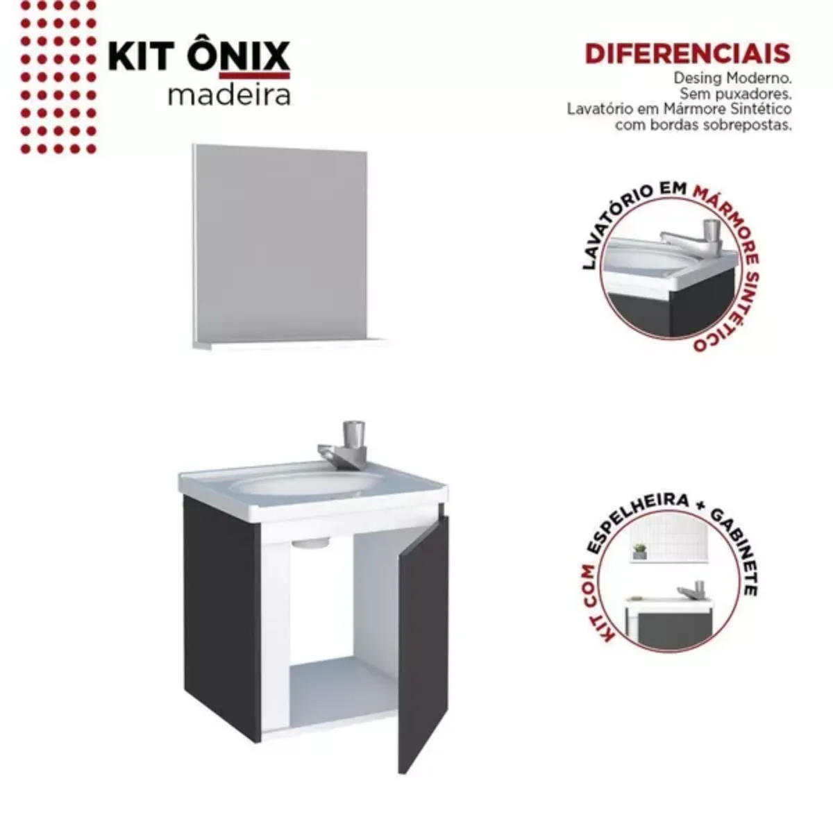 Conjunto Gabinete E Espelho Para Banheiro Ônix Preto - Cozimax - Imagem 5