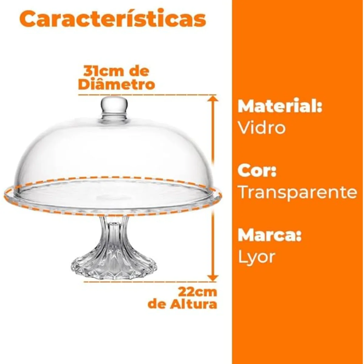 Prato para Bolo de Cristal com Pé e Tampa Diamond 31cm x 13cm x 23,5cm - Lyor - Imagem 4
