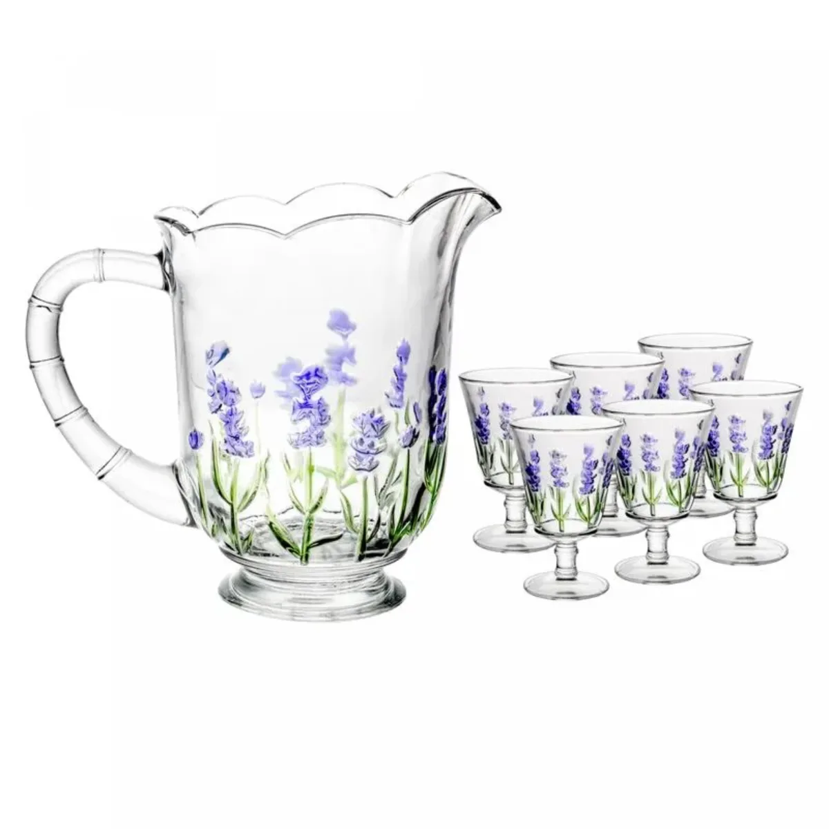 Conjunto Jarra com 6 Taças de Cristal Lavanda Hand Painting 1,3L/240ml - Lyor