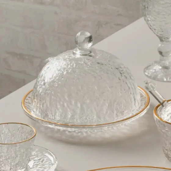 Queijeira de Cristal Martelado com Tampa e Fio de Ouro Petra 19,5cm x 13cm - Lyor - Imagem 4